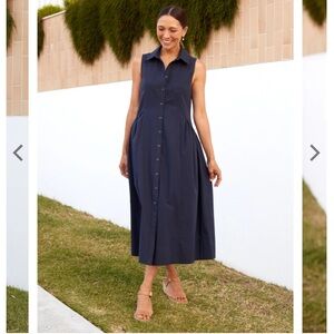 MAYE THE LABEL Pleated Corinne Shirt Dress Midi Poplin in French Navy Large